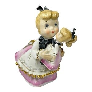 RARE VTG 1955 Lefton Girl Holding Twin Doll Figurine KW8948 Pink Dress Bow Chips